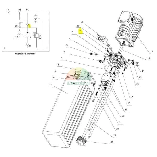 Schemat złożeniowy i hydrauliczny zasilacza hydraulicznego z zaznaczonym zaworem zwrotnym (numer 2).