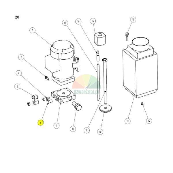 Schemat techniczny pompy hydraulicznej w widoku rozłożonym z ponumerowanymi częściami, z których element numer 6 jest zaznaczony na żółto.