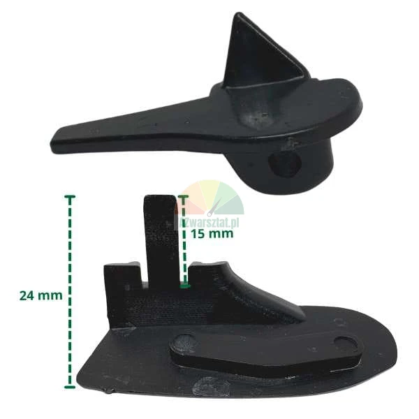 Czarny plastikowy element konstrukcyjny o wymiarach 15 mm i 24 mm pokazany z dwóch perspektyw.