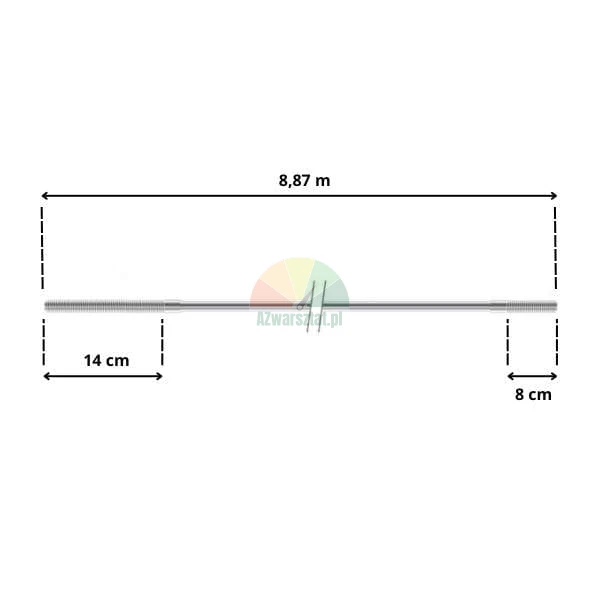Schemat techniczny metalowego pręta o całkowitej długości 8,87 m, z nagwintowanymi końcami o długościach 14 cm i 8 cm.