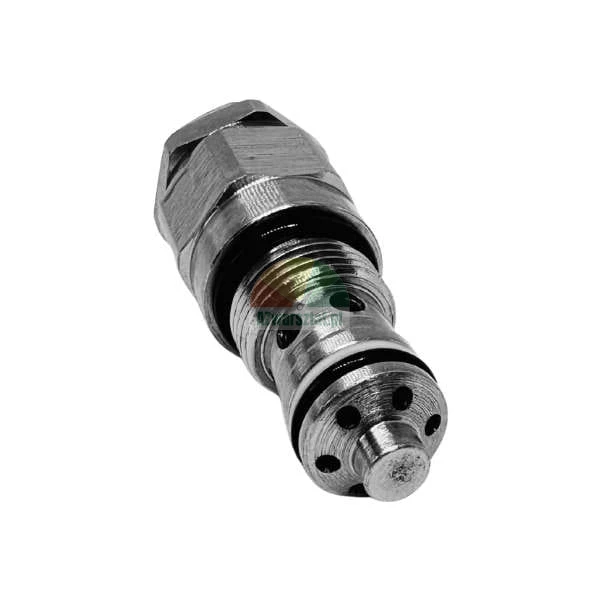 Metalowy hydrauliczny zawór nabojowy z czarnymi uszczelkami typu O-ring i wieloma otworami.