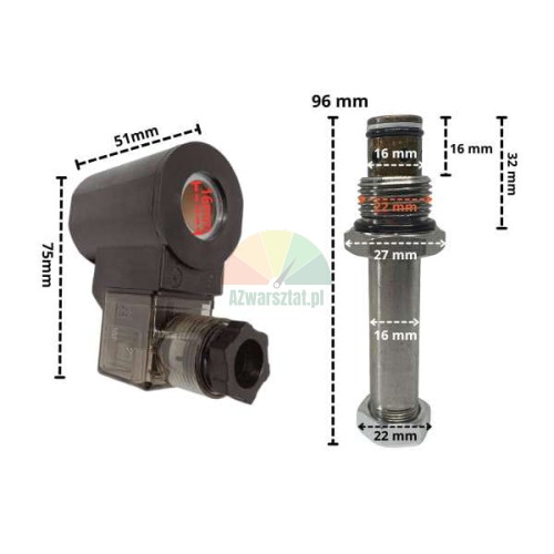 Cewka elektromagnetyczna 16mm / 24V DC z zaworem opuszczania i wymiarami technicznymi