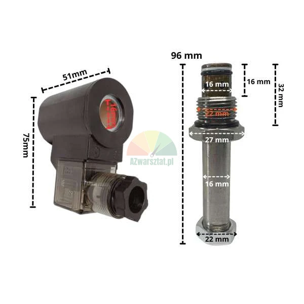 Cewka elektromagnetyczna 16mm / 24V DC z zaworem opuszczania i wymiarami technicznymi