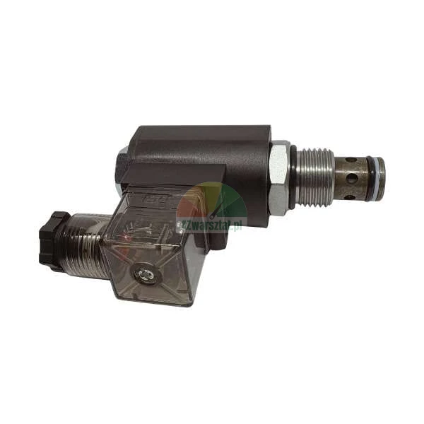 Elektrozawór hydrauliczny nabojowy z cewką i wtyczką elektryczną na białym tle.
