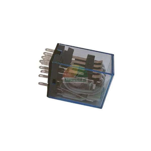 Miniaturowy przekaźnik elektromagnetyczny w przeźroczystej niebieskiej obudowie ze srebrnymi stykami