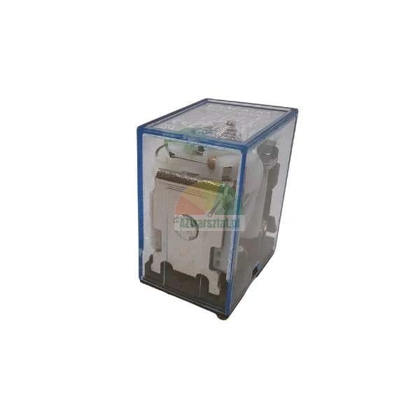 Przekaźnik elektromagnetyczny w przezroczystej obudowie z niebieską ramką.