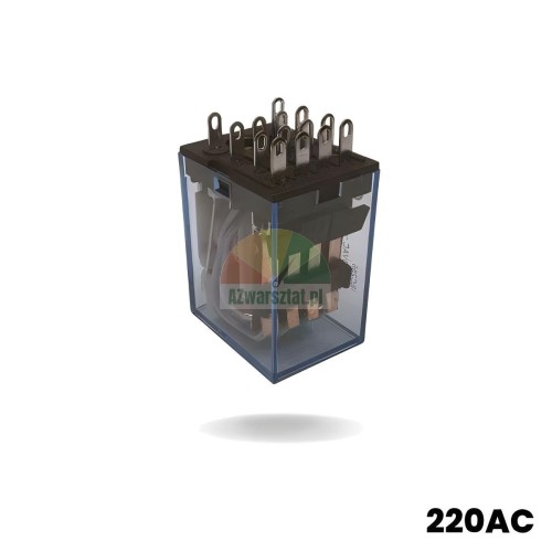 Przekaźnik pomocniczy / mocy 220V AC w przezroczystej obudowie z widocznym mechanizmem wewnętrznym i pinami.