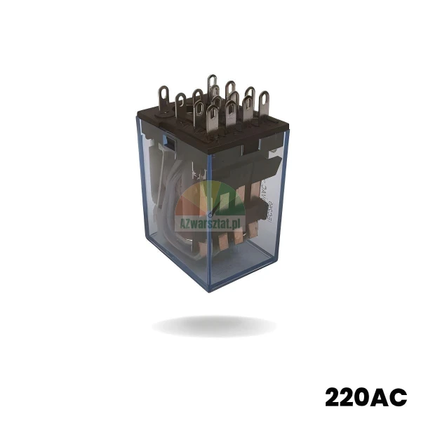 Przekaźnik pomocniczy / mocy 220V AC w przezroczystej obudowie z widocznym mechanizmem wewnętrznym i pinami.