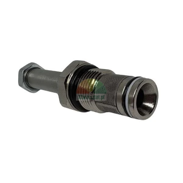 Metalowy zawór hydrauliczny nabojowy z filtrem siatkowym i uszczelkami typu o-ring na białym tle.