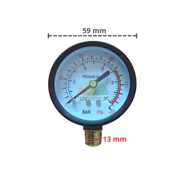 Manometr z gwintem 13mm, skala 10bar 150PSI, średnica 59mm