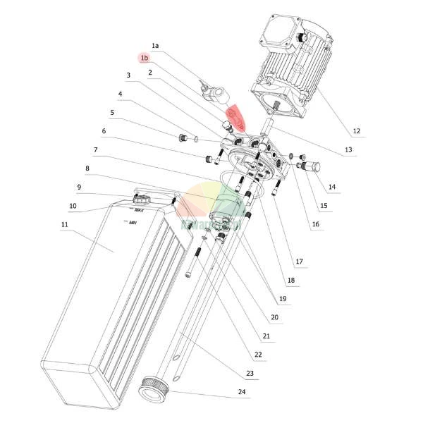 Schemat techniczny pompy hydraulicznej Twin Busch z zaznaczonym zaworem opuszczania XYF-C.