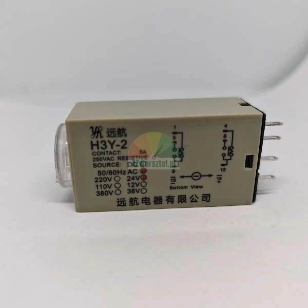 Elektroniczny przekaźnik czasowy H3Y-2, 5A 250VAC, beżowa obudowa ze schematem połączeń.