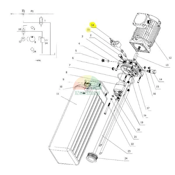 Schemat techniczny w rzucie rozstrzelonym agregatu hydraulicznego z zaznaczonymi komponentami 1a i 1b oraz schematem układu.