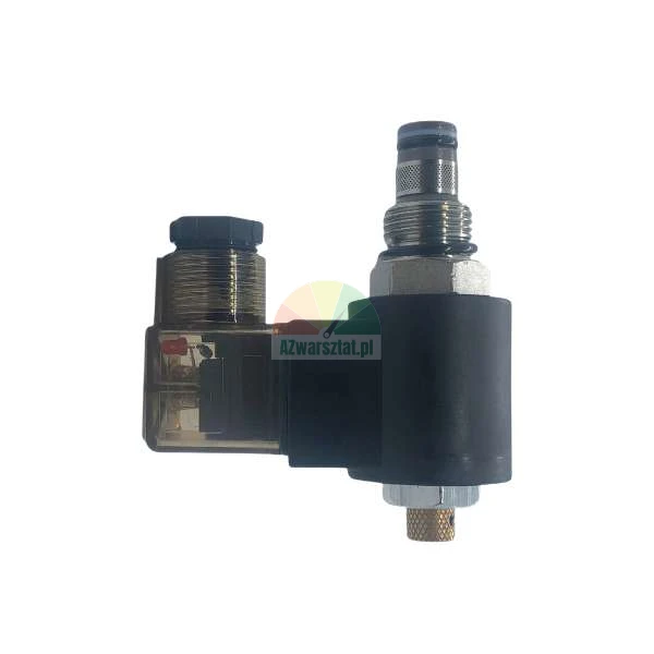 Hydrauliczny zawór elektromagnetyczny z czarną cewką i przezroczystym przyłączem elektrycznym.