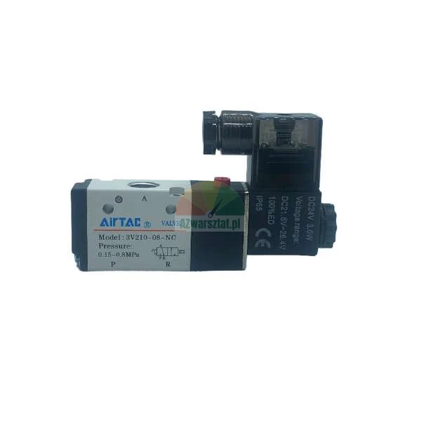 Elektrozawór AirTAC model 3V210-08-NC DC24V, zakres ciśnienia 0.15-0.8MPa.