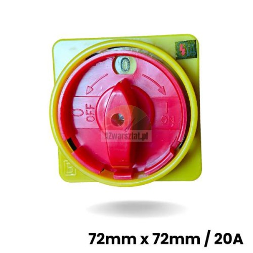 Włącznik główny czerwono-żółty 7,2cm x 7,2cm 20A z pokrętłem w pozycji OFF