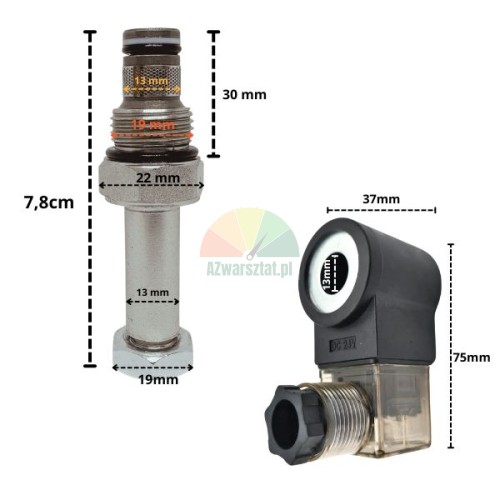 Zawór opuszczania 19mm z cewką magnetyczną 24V DC i wymiarami