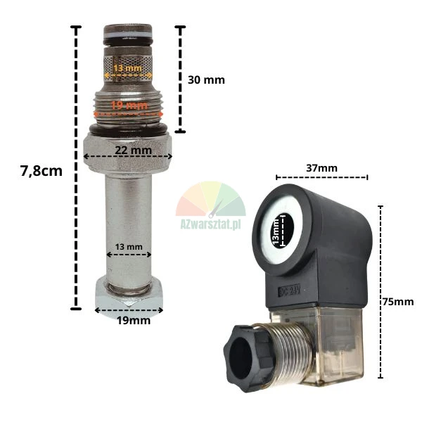 Zawór opuszczania 19mm z cewką magnetyczną 24V DC i wymiarami