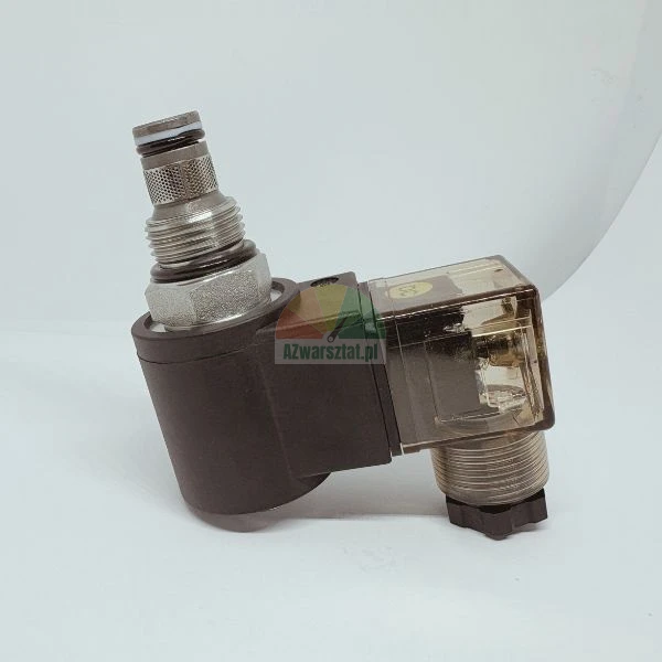 Elektrozawór hydrauliczny z cewką i przezroczystym przyłączem elektrycznym na białym tle.