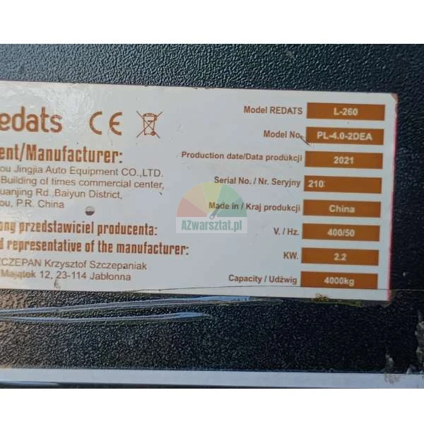 Tabliczka znamionowa podnośnika Redats L-260