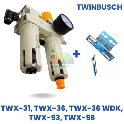 Zamiennik Twin Busch: Kompletna jednostka serwisowa sprężonego powietrza Typ B dla modeli TWX-31, TWX-36, TWX-36 WDK, TWX-93, TWX-98 z manometrem i uchwytem montażowym.