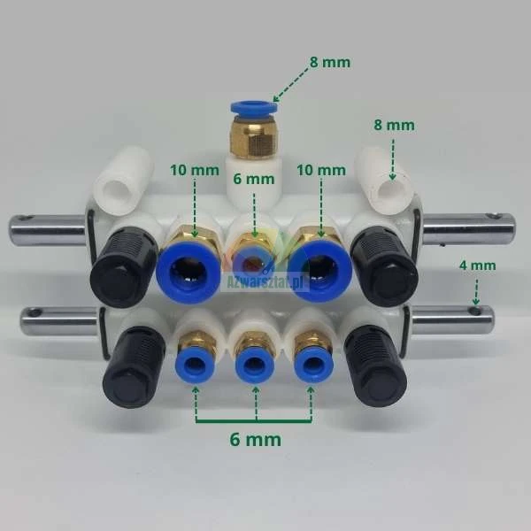 Biały blok rozdzielacza pneumatycznego z niebieskimi szybkozłączami i zaznaczonymi wymiarami 4mm, 6mm, 8mm i 10mm.