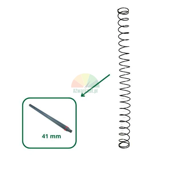Długa metalowa sprężyna oraz powiększony element o długości 41 mm wskazany strzałką.