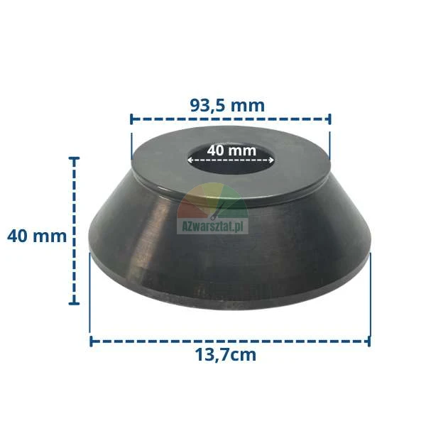 Metalowy stożek centrujący do wyważarki z wymiarami: wysokość 40 mm, średnica otworu 40 mm, górna średnica 93,5 mm oraz dolna 13,7 cm.