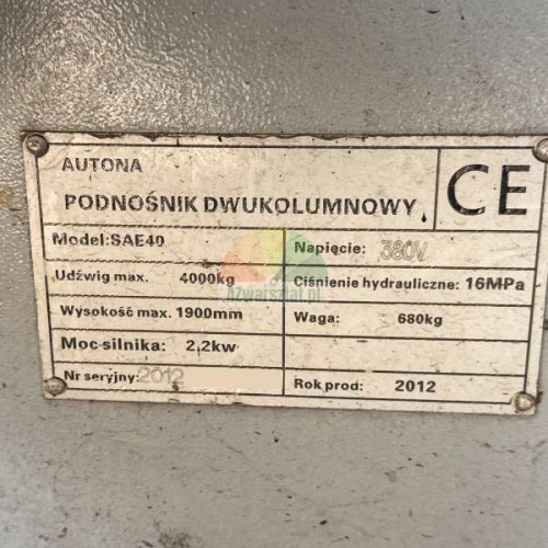 Tabliczka znamionowa podnośnika Autona SAE40