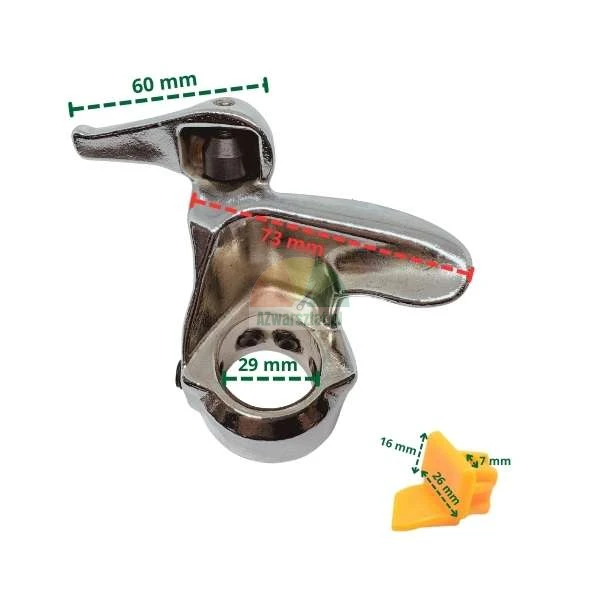 Metalowa głowica montażowa do montażownicy opon z wymiarami 60 mm, 73 mm i 29 mm oraz żółta wkładka ochronna o wymiarach 16 mm, 26 mm i 7 mm.