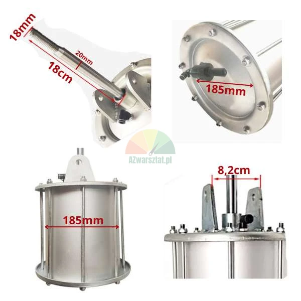 Aluminiowy siłownik odbijacza 186mm z trzpieniem 18cm i wymiarami technicznymi