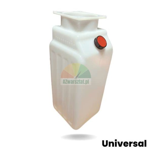 Biały plastikowy zbiornik na olej hydrauliczny o wysokości 45,5 cm z czerwonym korkiem
