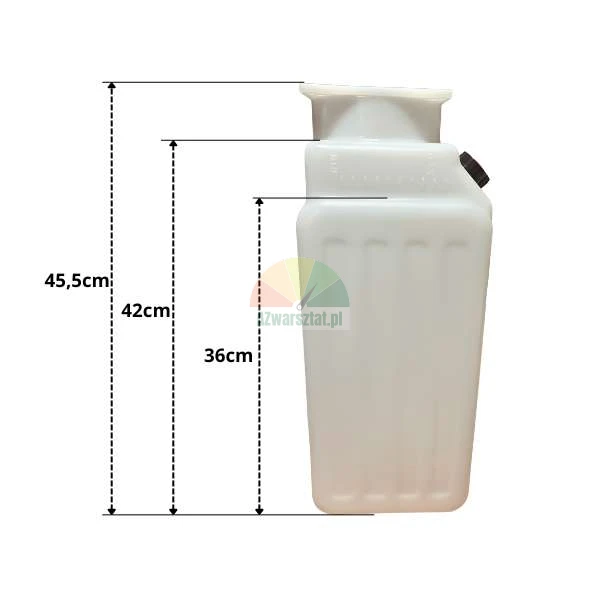 Biały plastikowy zbiornik z zaznaczonymi wymiarami wysokości: 45,5 cm, 42 cm i 36 cm.