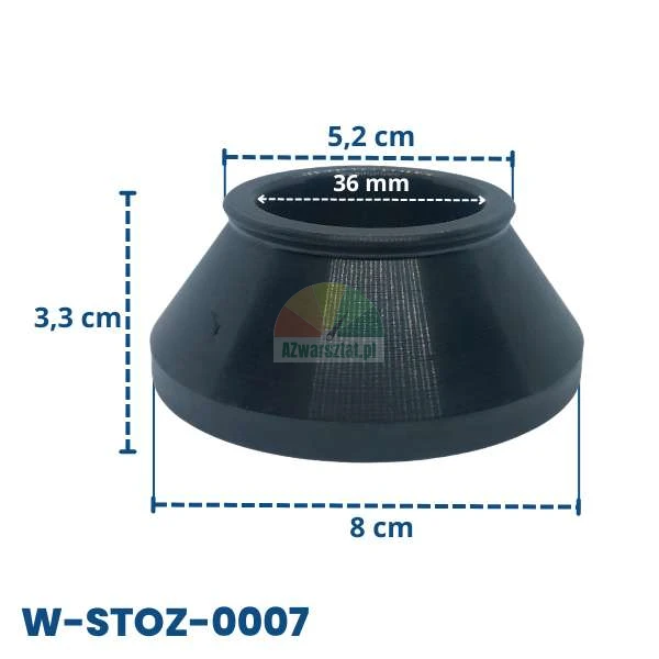 Czarny gumowy stożek o wymiarach: wysokość 3,3 cm, średnica podstawy 8 cm, średnica górna 5,2 cm i otwór wewnętrzny 36 mm, kod W-STOZ-0007