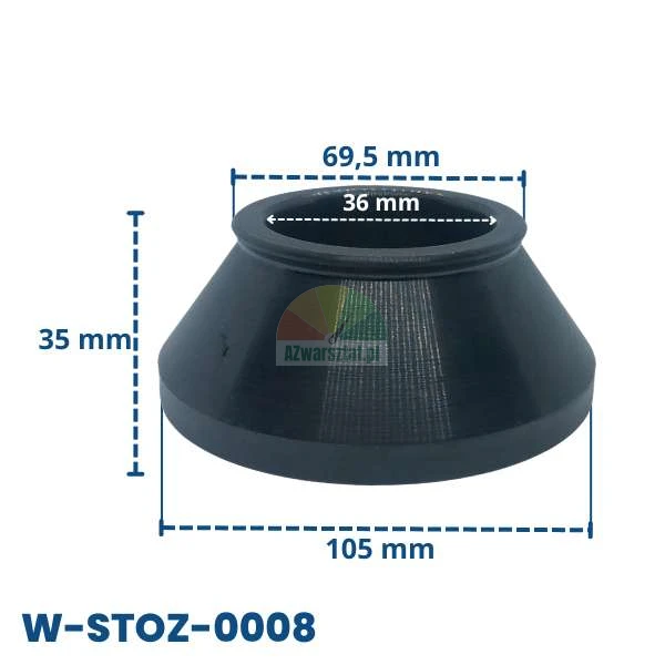 Stożek centrujący do wyważarki W-STOZ-0008 o wymiarach: średnica wewnętrzna 36 mm, wysokość 35 mm, średnica górna 69,5 mm oraz średnica dolna 105 mm.