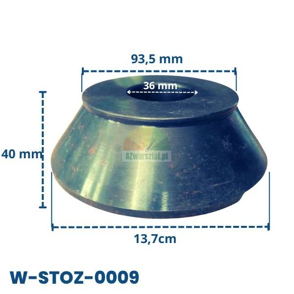Metalowy stożek centrujący do wyważarki model W-STOZ-0009 z zaznaczonymi wymiarami: podstawa 13,7 cm, góra 93,5 mm, otwór wewnętrzny 36 mm oraz wysokość 40 mm.