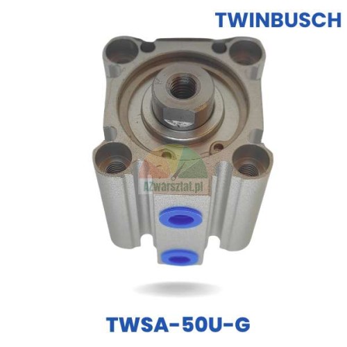 Siłownik pneumatyczny TWSA-50U-G zamiennik Twin Busch, widok z góry na metalowy korpus i niebieskie otwory przyłączeniowe.