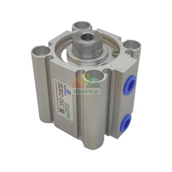 Kompaktowy siłownik pneumatyczny AIRSLG model CQ2B32-25DZ z aluminiowym korpusem i niebieskimi przyłączami.
