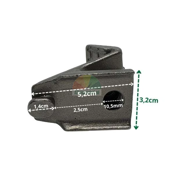 Czarny metalowy element z wymiarami: długość 5,2cm, wysokość 3,2cm oraz średnica otworu 10,5mm.