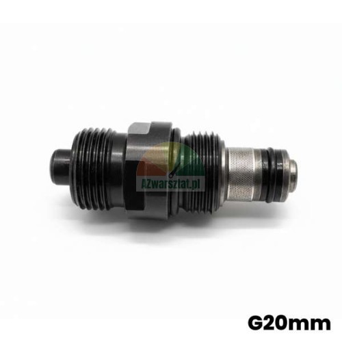 Hydrauliczny zawór przeciążeniowy (bezpieczeństwa) G20mm - czarny wkład zaworowy z widocznym gwintem i uszczelkami.