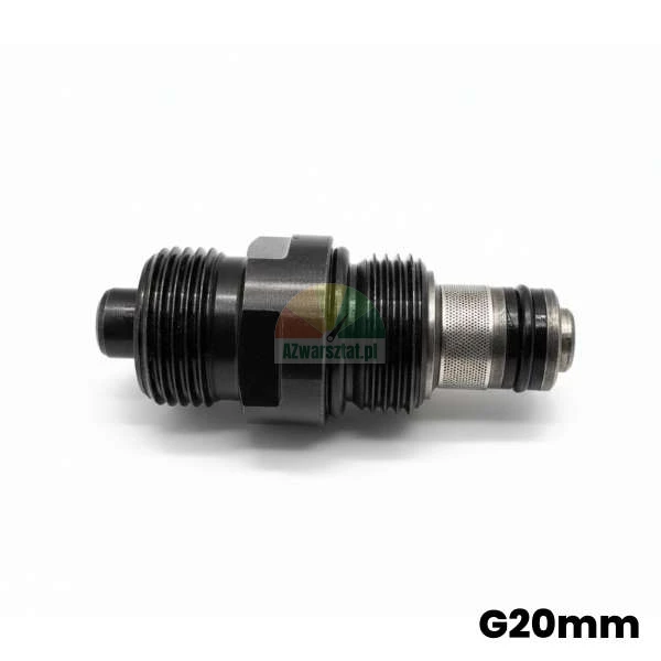 Hydrauliczny zawór przeciążeniowy (bezpieczeństwa) G20mm - czarny wkład zaworowy z widocznym gwintem i uszczelkami.