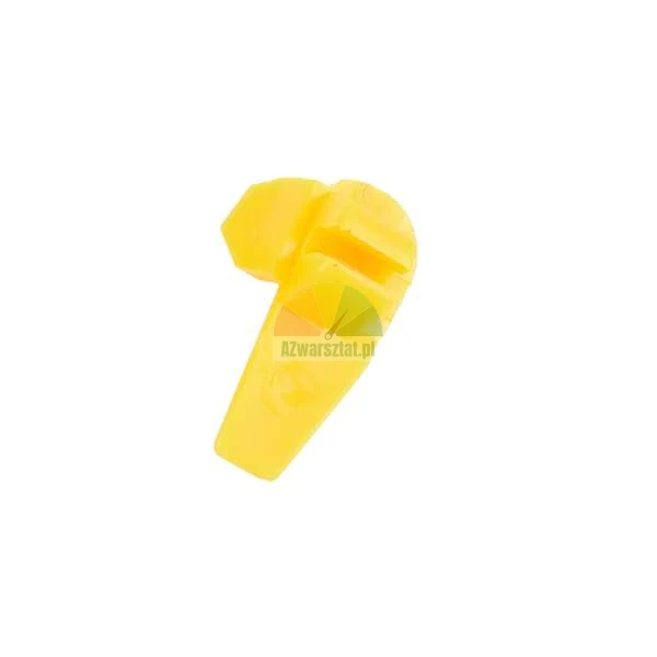 Mały żółty plastikowy element montażowy, klips do rolet lub żaluzji na białym tle.