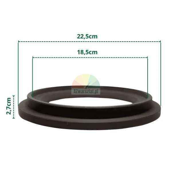 Czarny pierścień z wymiarami technicznymi: średnica zewnętrzna 22,5 cm, średnica wewnętrzna 18,5 cm oraz wysokość 2,7 cm.