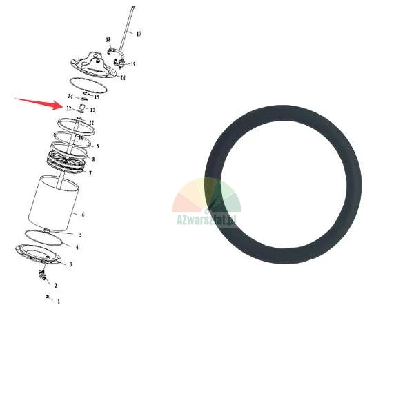 Czarny gumowy pierścień uszczelniający typu O-ring obok schematu technicznego siłownika hamulcowego z czerwoną strzałką wskazującą miejsce montażu.