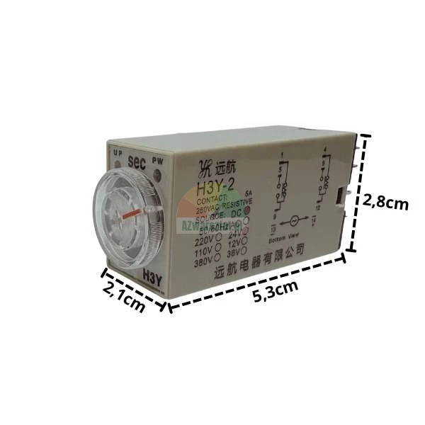 Przekaźnik czasowy H3Y-2 DC 24V 5s 8-pinowy o wymiarach 2,1x5,3x2,8 cm.