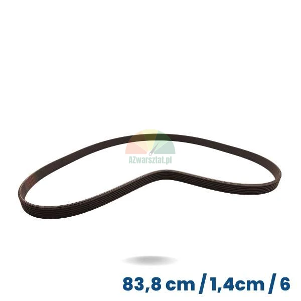 Czarny pasek napędowy do wyważarki kół o długości 83,8 cm i szerokości 1,4 cm z 6 garbami i 5 rowkami.