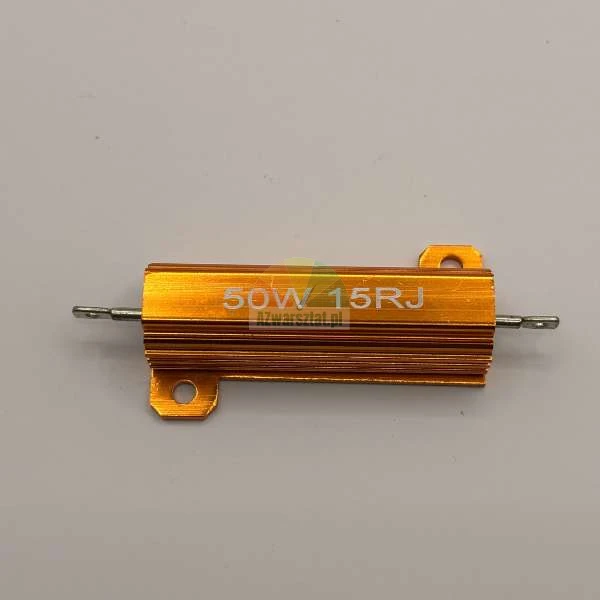 Złoty rezystor mocy 50W 15 Ohm w aluminiowej obudowie z radiatorem.
