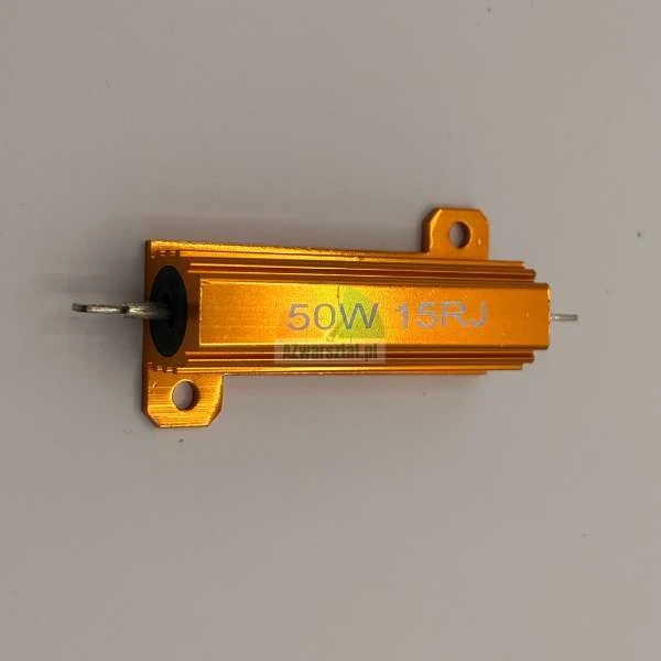 Złoty rezystor mocy 50W 15 Ohm w aluminiowej obudowie z otworami montażowymi.
