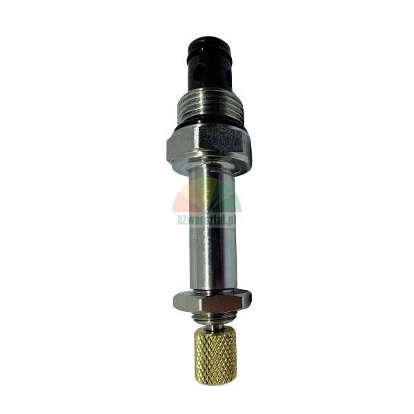 Metalowy zawór hydrauliczny z mosiężną nakrętką radełkowaną na białym tle.