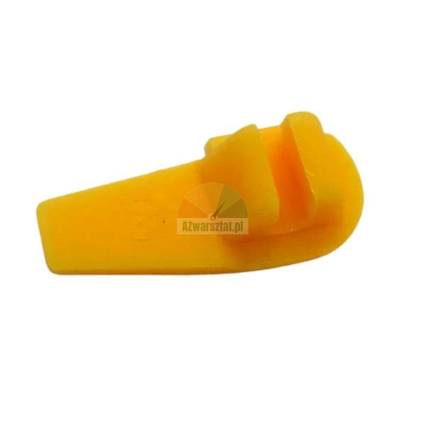 Mały żółty plastikowy element zamienny z rowkiem montażowym na białym tle.